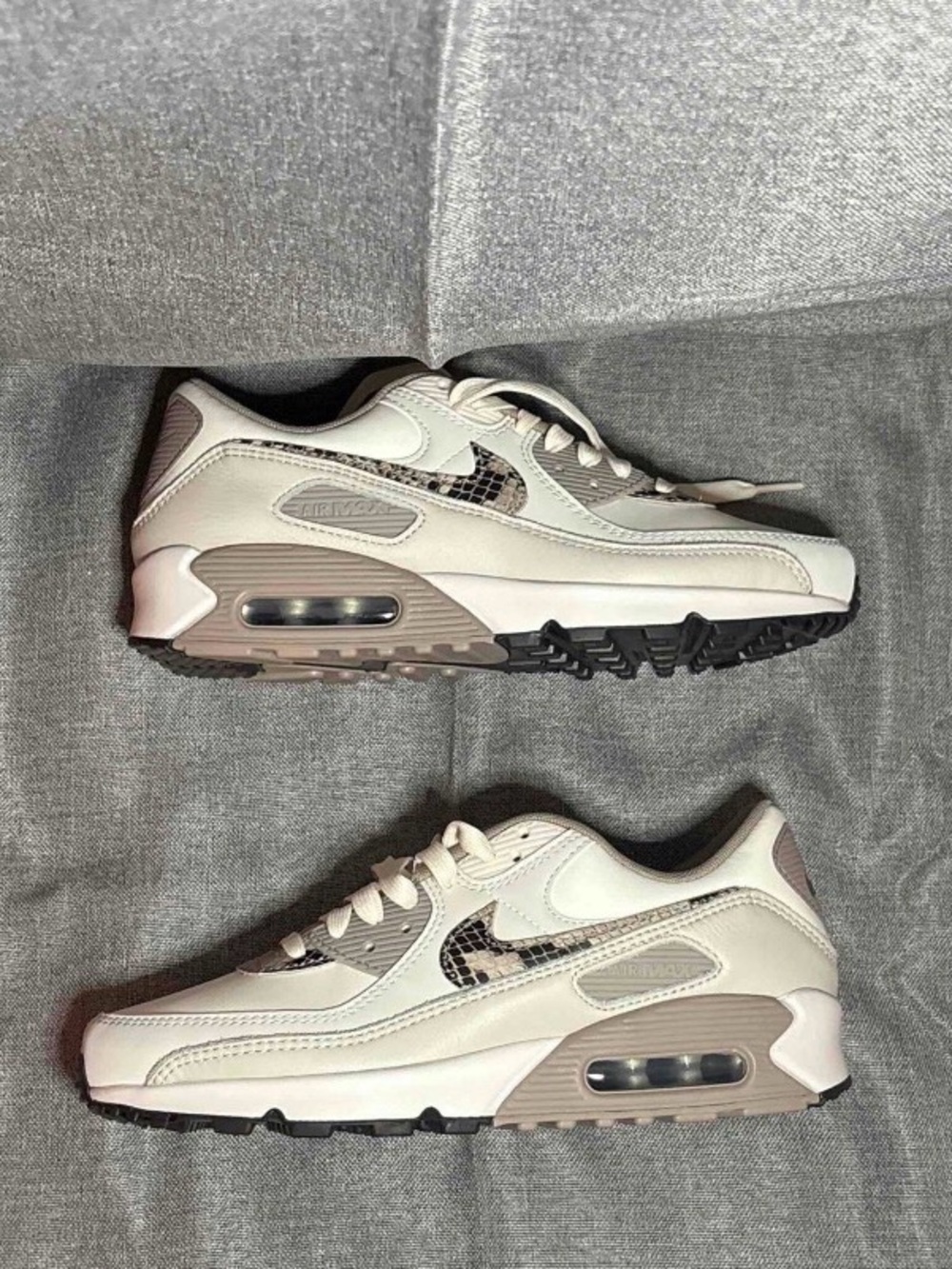 Nike Air Max 90 Sneakers in Cream & Taupe with Snake Print Swoosh